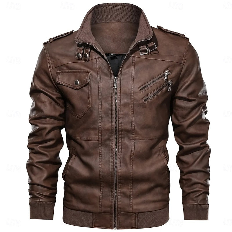 Men's Brown PU Leather Biker Jacket with Stand Collar – Casual & Moto