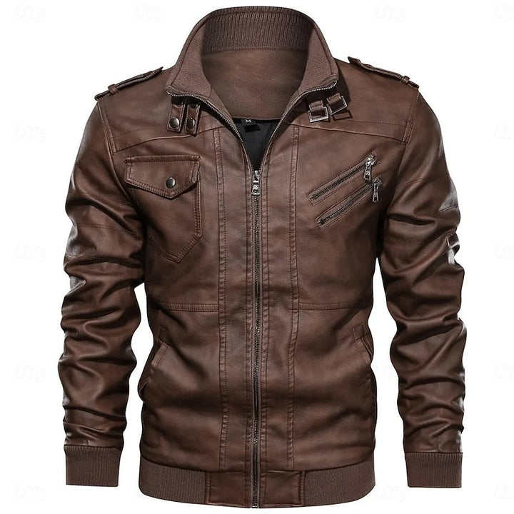 Men's Brown PU Leather Biker Jacket with Stand Collar – Casual & Moto