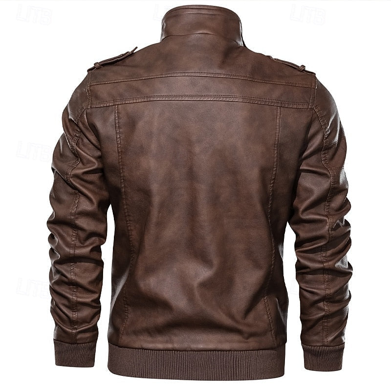Men's Brown PU Leather Biker Jacket with Stand Collar – Casual & Moto