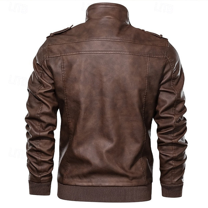 Men's Brown PU Leather Biker Jacket with Stand Collar – Casual & Moto
