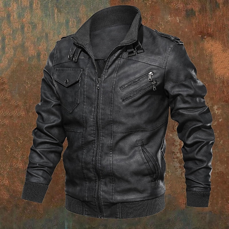 Men's Brown PU Leather Biker Jacket with Stand Collar – Casual & Moto Gray