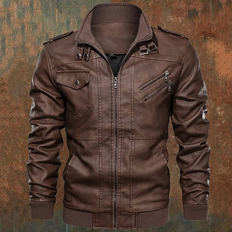 Men's Brown PU Leather Biker Jacket with Stand Collar – Casual & Moto Brown