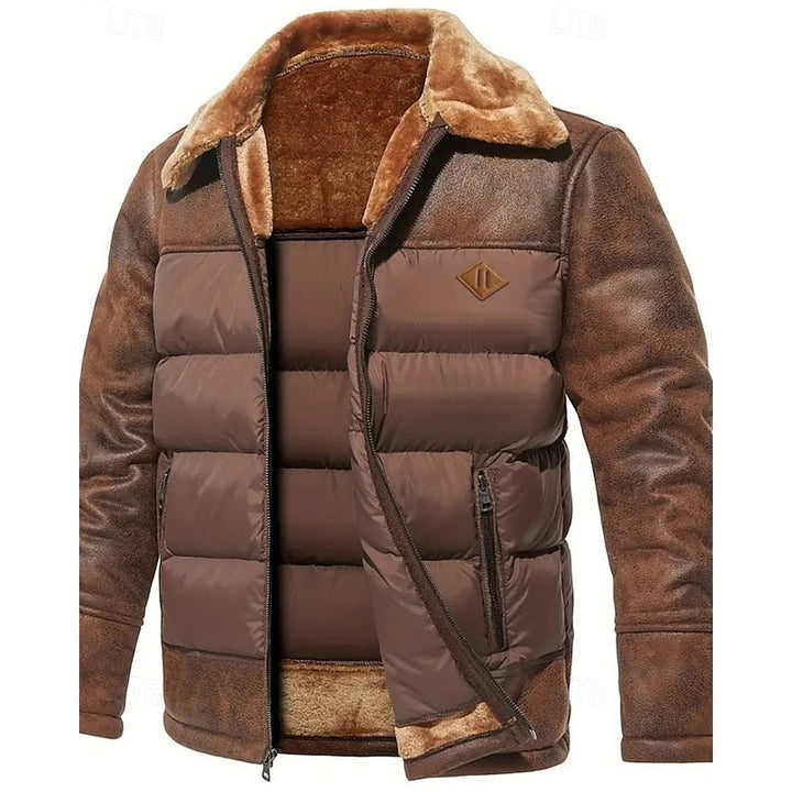 Men's Insulated Brown Puffer Jacket with Faux Fur Collar – Winter Coat