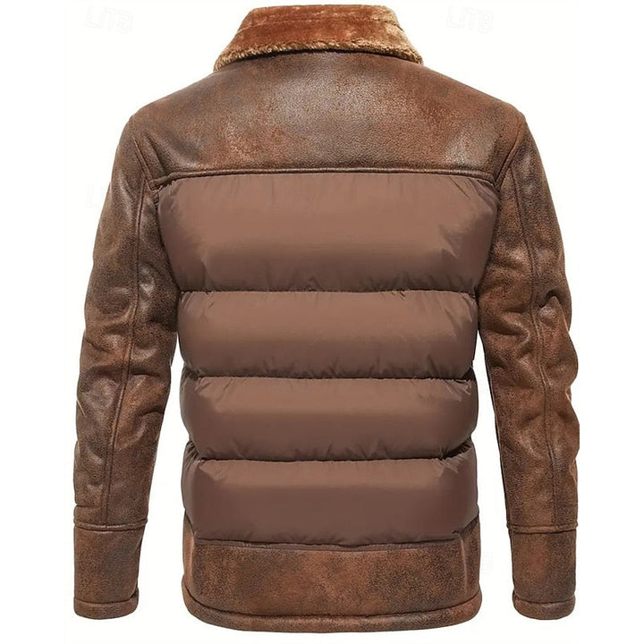 Men's Insulated Brown Puffer Jacket with Faux Fur Collar – Winter Coat
