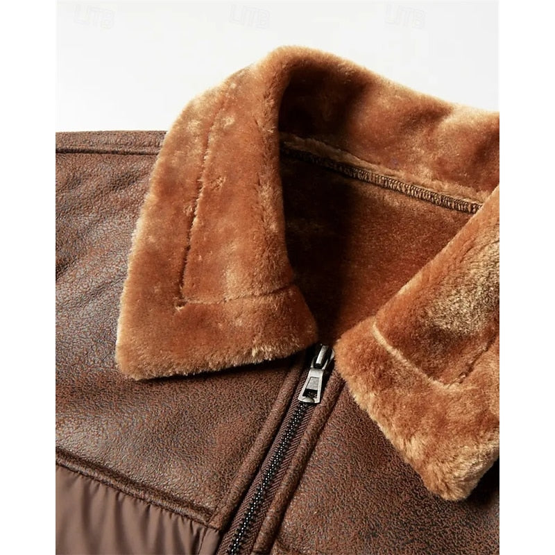 Men's Insulated Brown Puffer Jacket with Faux Fur Collar – Winter Coat