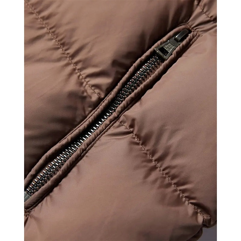 Men's Insulated Brown Puffer Jacket with Faux Fur Collar – Winter Coat