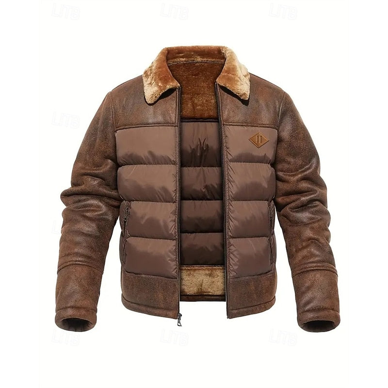 Men's Insulated Brown Puffer Jacket with Faux Fur Collar – Winter Coat Dark Brown
