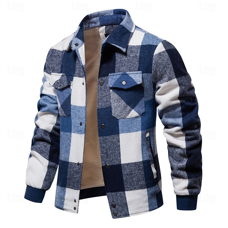 Men's Plaid Flannel Shirt Jacket with Chest Pockets for Winter Layering Royal Blue