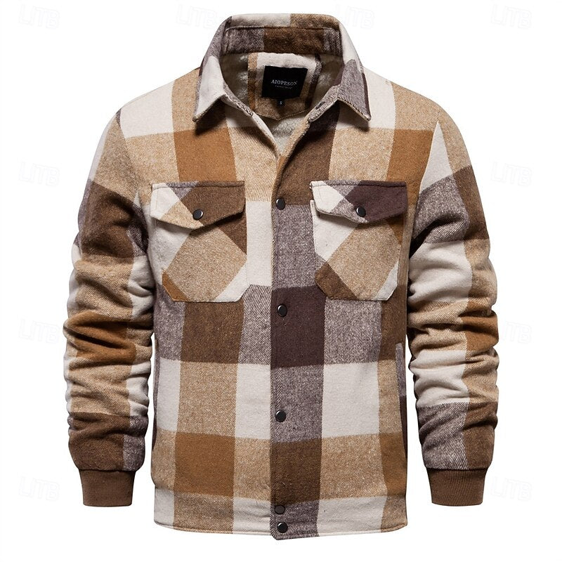 Men's Plaid Flannel Shirt Jacket with Chest Pockets for Winter Layering