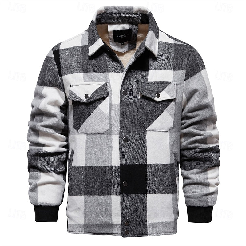 Men's Plaid Flannel Shirt Jacket with Chest Pockets for Winter Layering