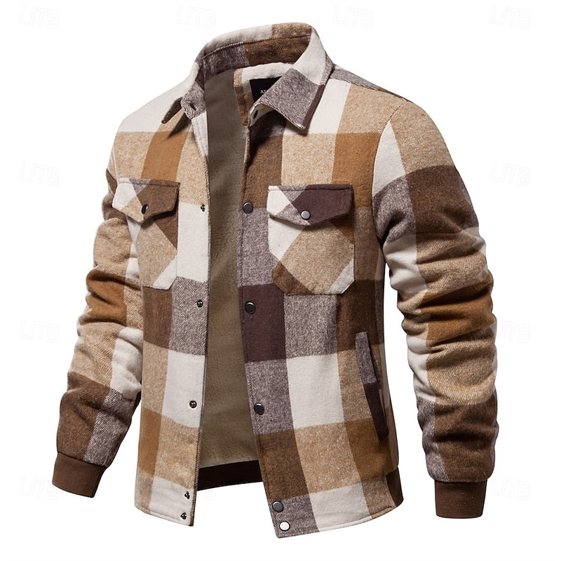 Men's Plaid Flannel Shirt Jacket with Chest Pockets for Winter Layering