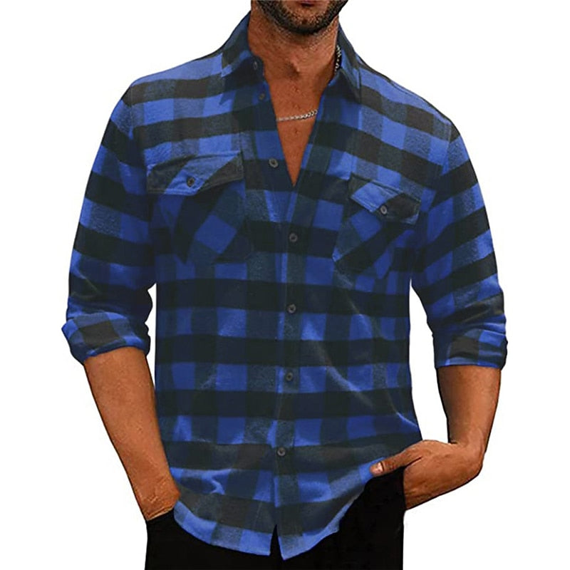 Men's Long Sleeve Plaid Flannel Shirt with Chest Pockets - Casual Wear