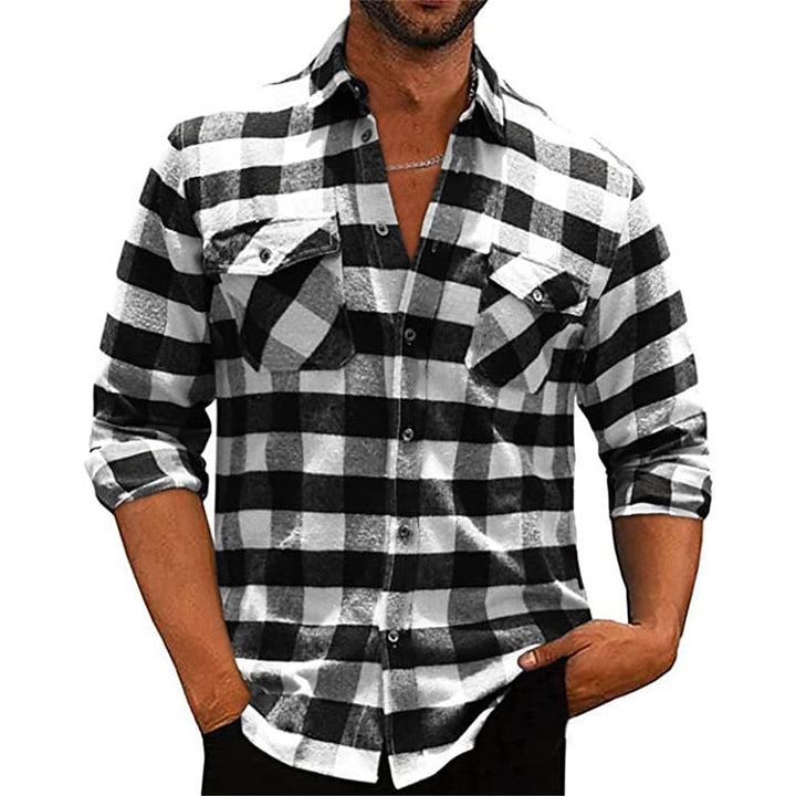 Men's Long Sleeve Plaid Flannel Shirt with Chest Pockets - Casual Wear White