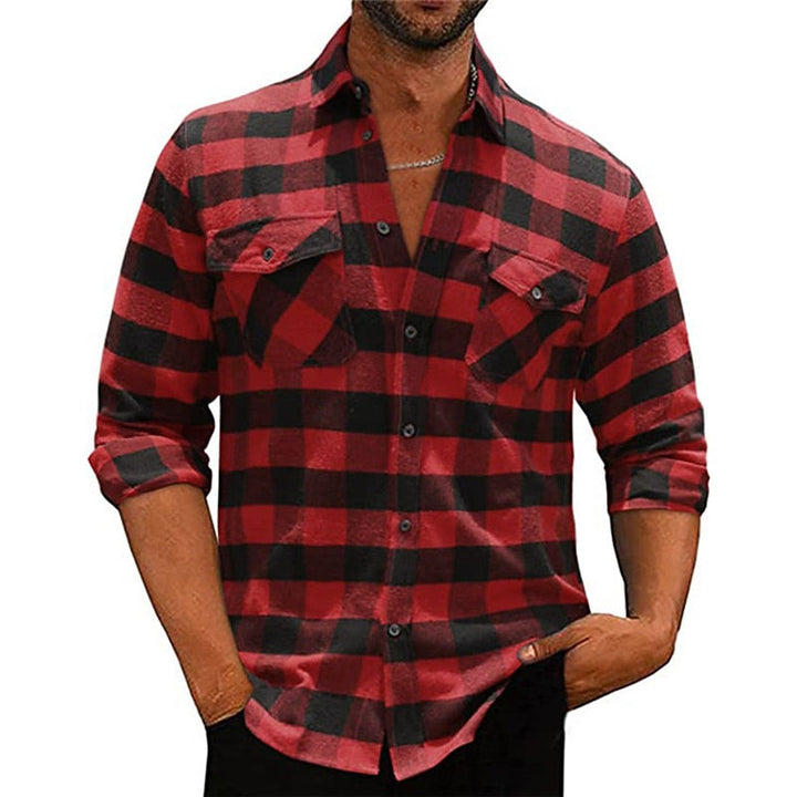 Men's Long Sleeve Plaid Flannel Shirt with Chest Pockets - Casual Wear Red