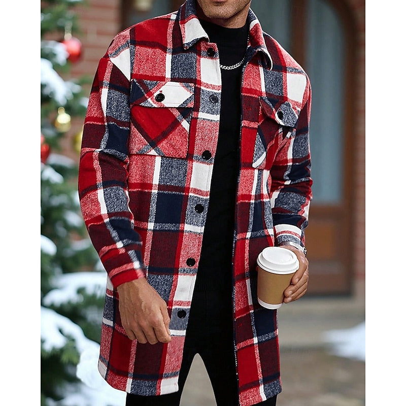 Men's Plaid Long Sleeve Button-Up Shacket with Chest Pockets