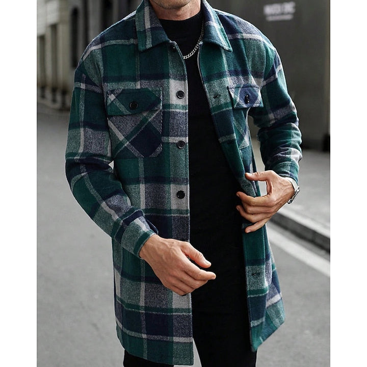 Men's Plaid Long Sleeve Button-Up Shacket with Chest Pockets