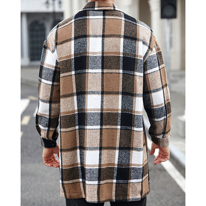 Men's Plaid Long Sleeve Button-Up Shacket with Chest Pockets