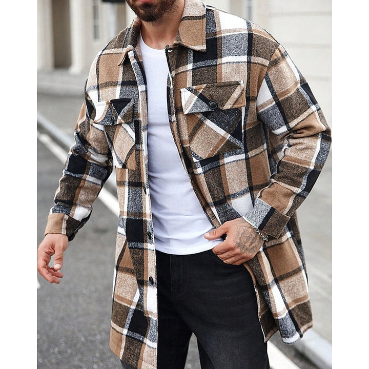Men's Plaid Long Sleeve Button-Up Shacket with Chest Pockets Khaki