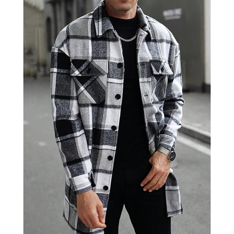 Men's Plaid Long Sleeve Button-Up Shacket with Chest Pockets Black