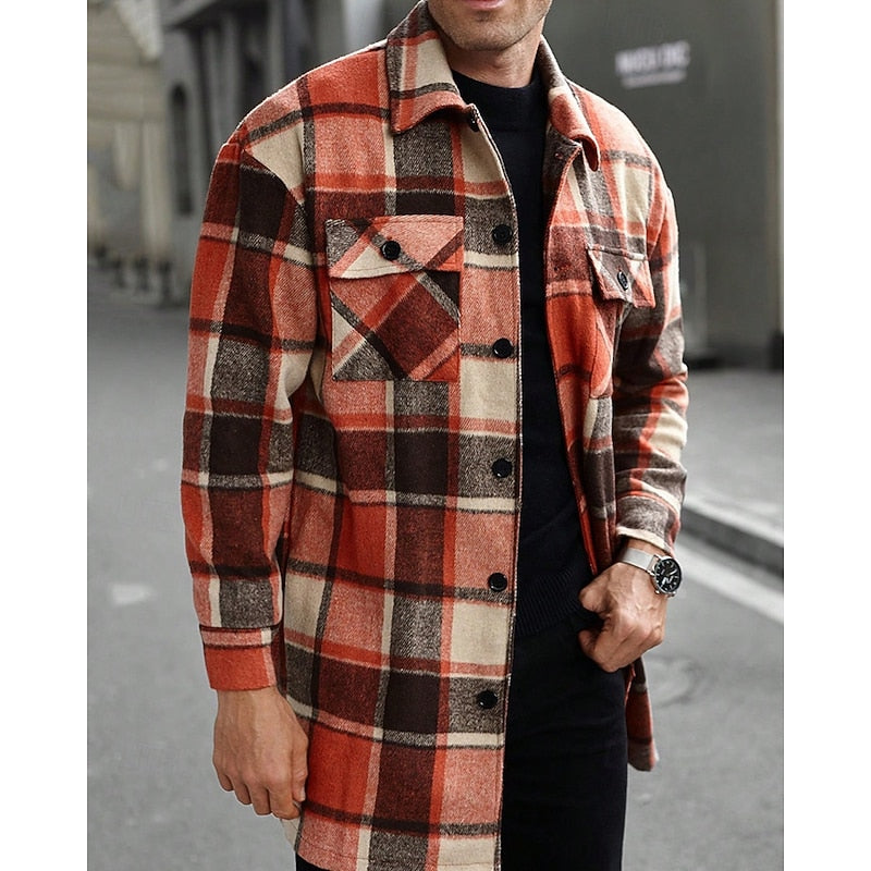 Men's Plaid Long Sleeve Button-Up Shacket with Chest Pockets