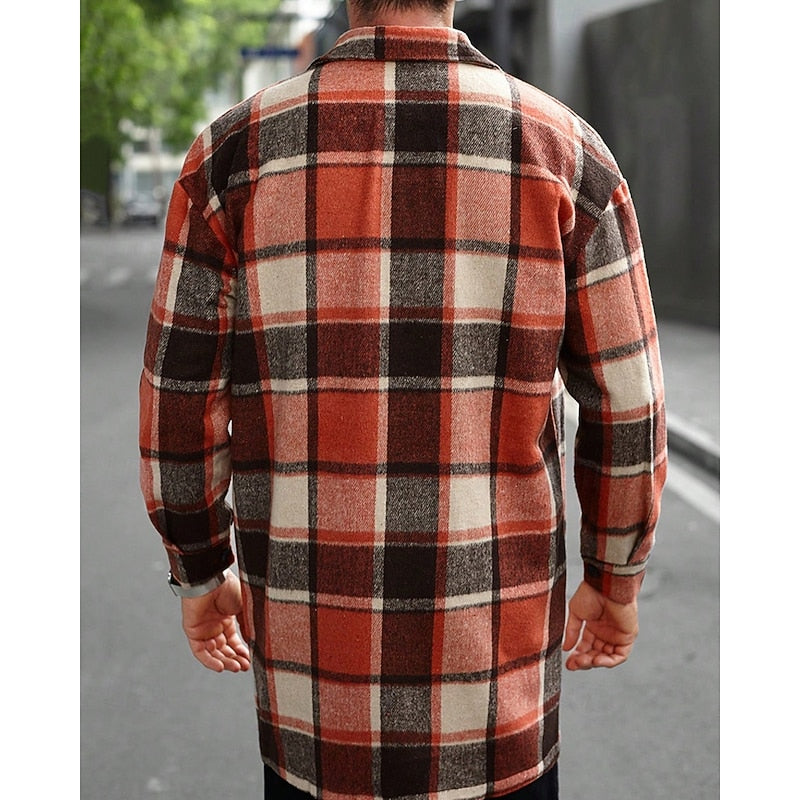Men's Plaid Long Sleeve Button-Up Shacket with Chest Pockets