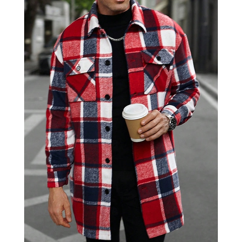Men's Plaid Long Sleeve Button-Up Shacket with Chest Pockets