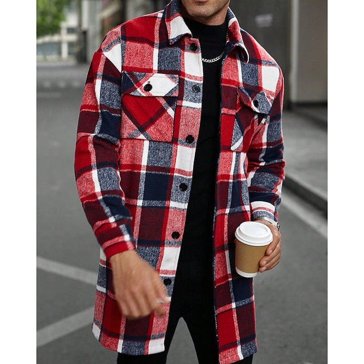 Men's Plaid Long Sleeve Button-Up Shacket with Chest Pockets