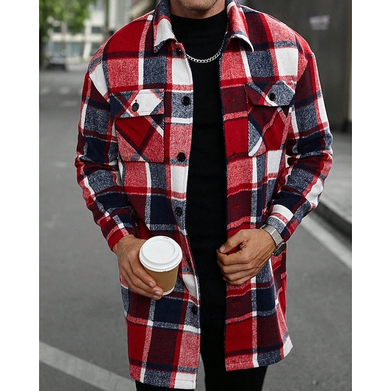 Men's Plaid Long Sleeve Button-Up Shacket with Chest Pockets