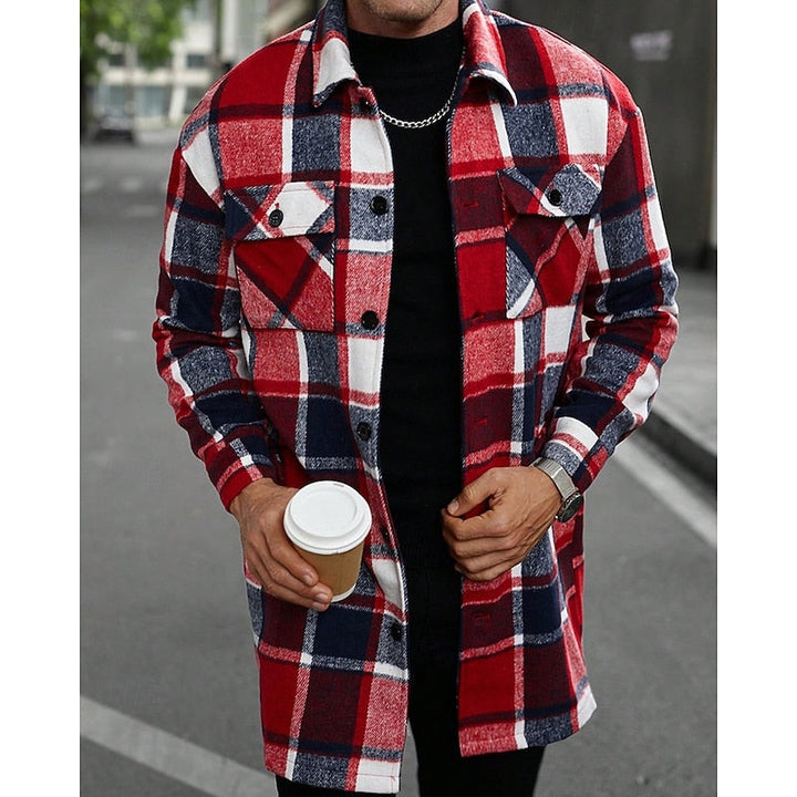 Men's Plaid Long Sleeve Button-Up Shacket with Chest Pockets
