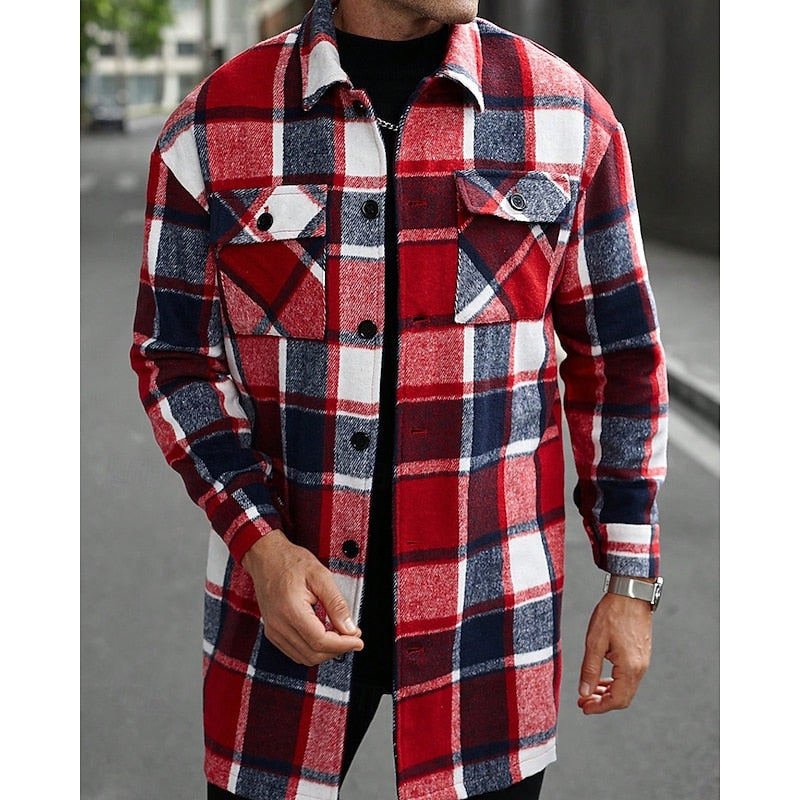 Men's Plaid Long Sleeve Button-Up Shacket with Chest Pockets