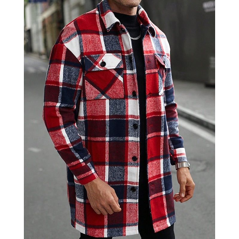 Men's Plaid Long Sleeve Button-Up Shacket with Chest Pockets