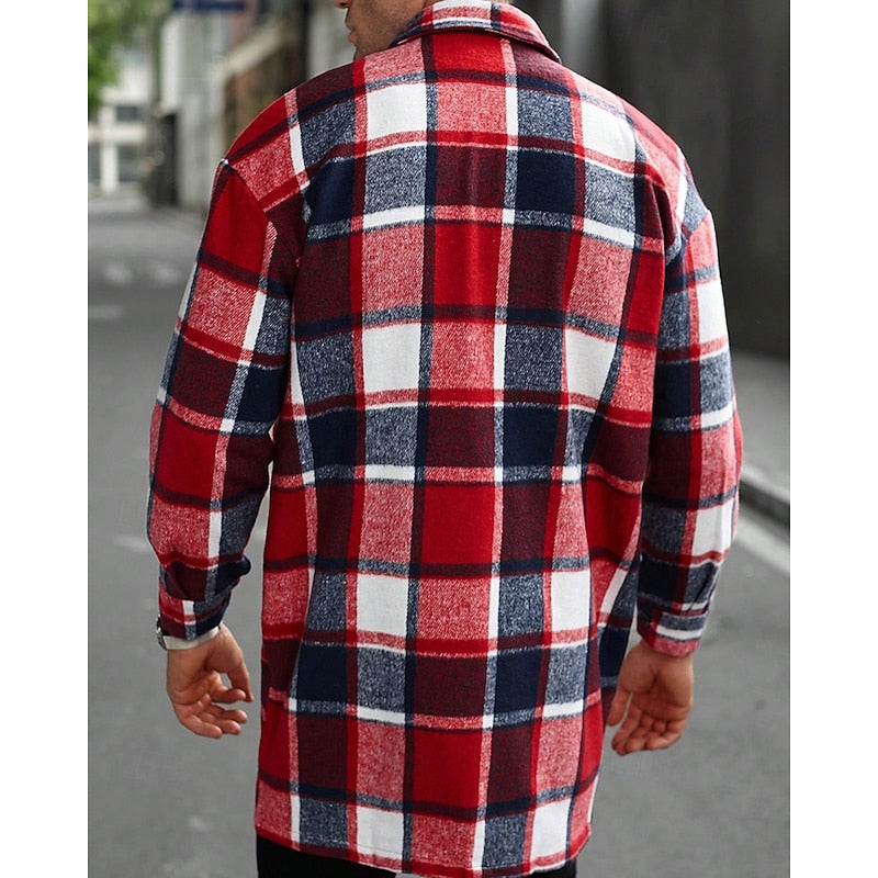 Men's Plaid Long Sleeve Button-Up Shacket with Chest Pockets