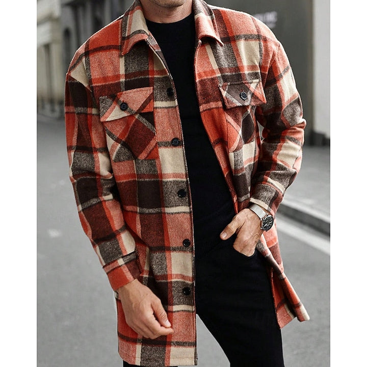 Men's Plaid Long Sleeve Button-Up Shacket with Chest Pockets