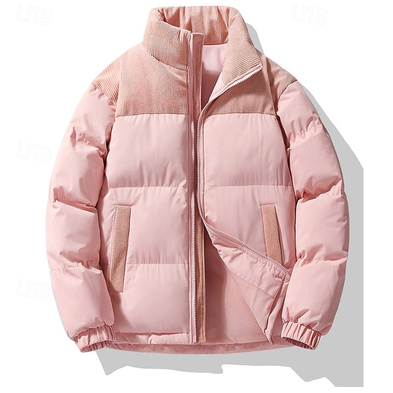 Men's Insulated Stand-Collar Puffer Jacket - Casual Winter Coat Pink