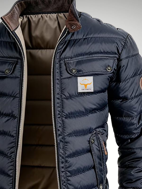 Men's Quilted Navy Bomber Jacket with Stand Collar – Casual Winter Wear