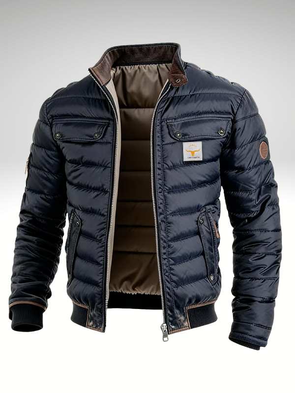 Men's Quilted Navy Bomber Jacket with Stand Collar – Casual Winter Wear