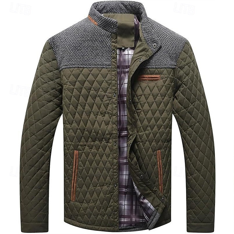 Men's Quilted Jacket with Stand Collar in Khaki Plaid – Casual & Office Army Green