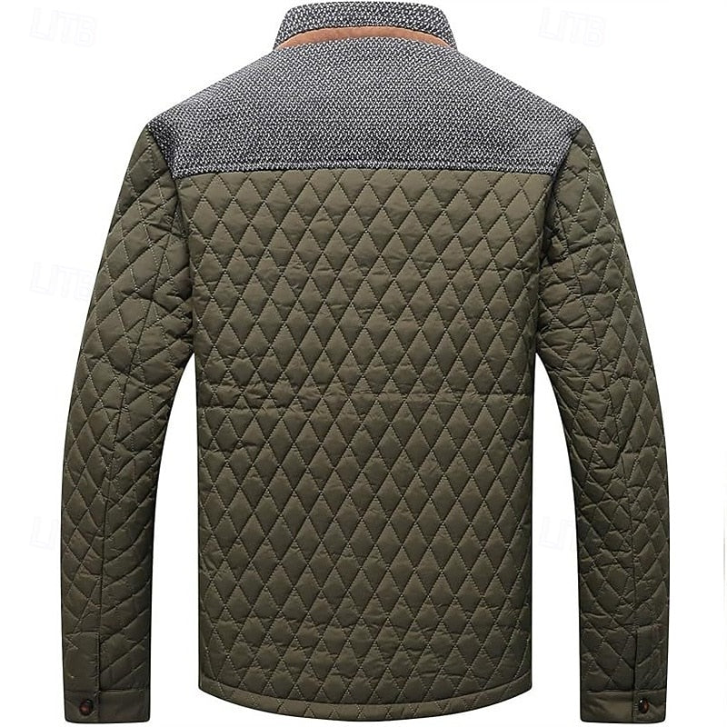 Men's Quilted Jacket with Stand Collar in Khaki Plaid – Casual & Office