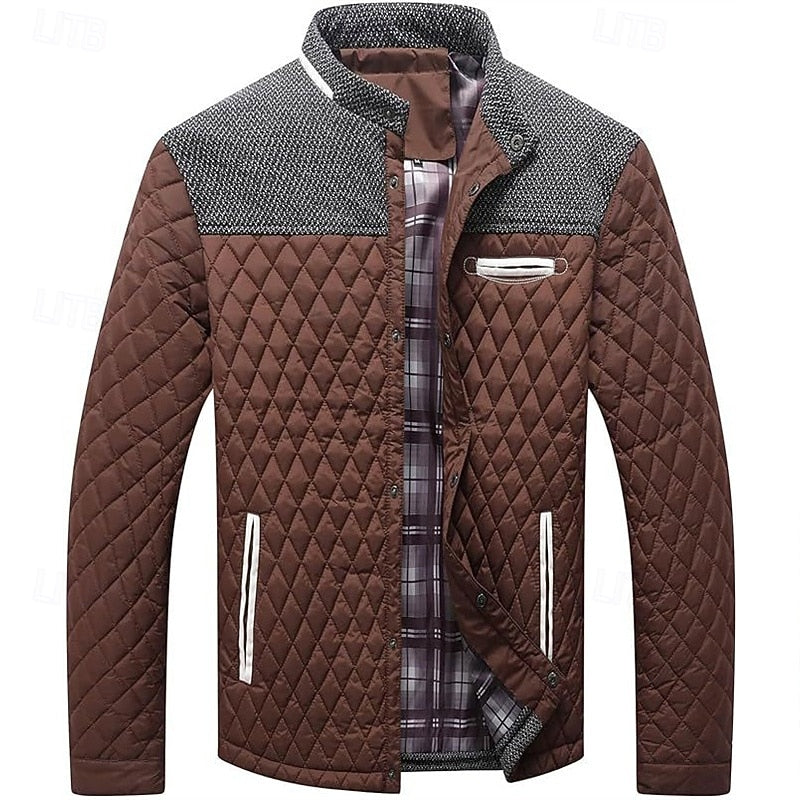 Men's Quilted Jacket with Stand Collar in Khaki Plaid – Casual & Office Brown