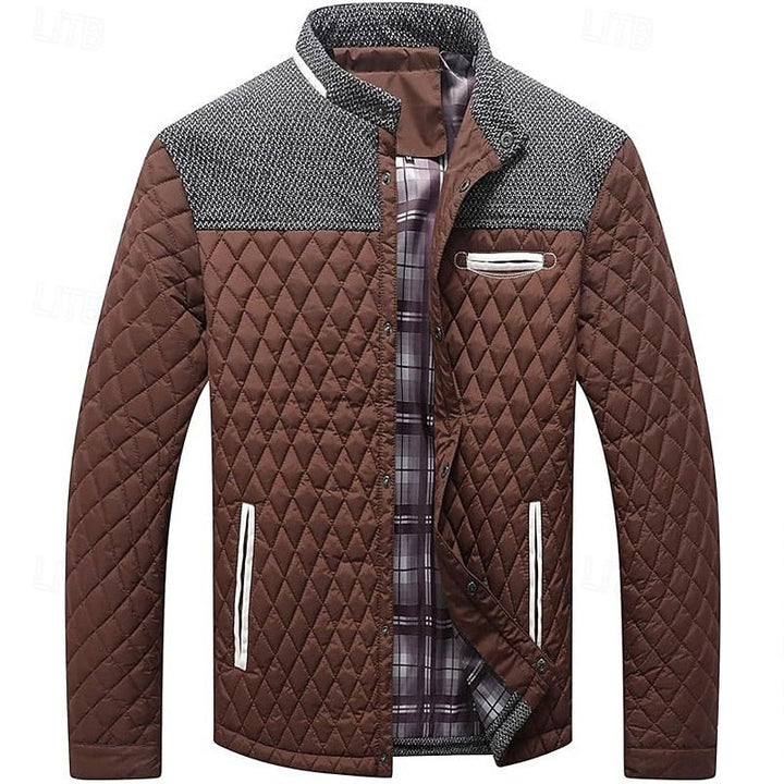 Men's Quilted Jacket with Stand Collar in Khaki Plaid – Casual & Office Brown