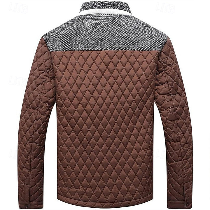 Men's Quilted Jacket with Stand Collar in Khaki Plaid – Casual & Office