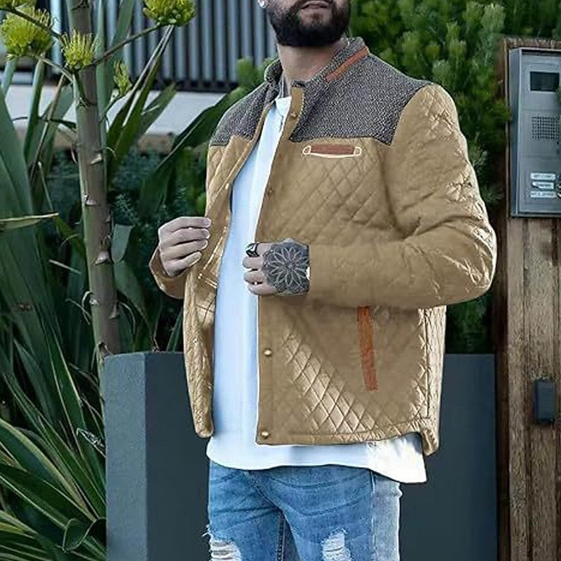 Men's Quilted Jacket with Stand Collar in Khaki Plaid – Casual & Office