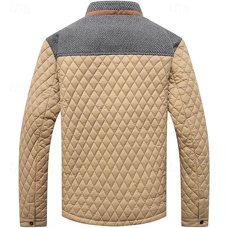 Men's Quilted Jacket with Stand Collar in Khaki Plaid – Casual & Office