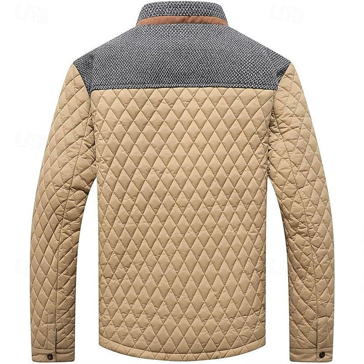 Men's Quilted Jacket with Stand Collar in Khaki Plaid – Casual & Office