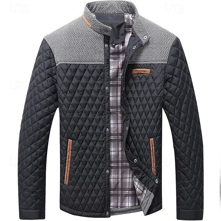 Men's Quilted Jacket with Stand Collar in Khaki Plaid – Casual & Office Black