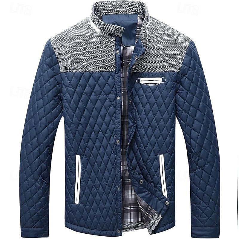 Men's Quilted Jacket with Stand Collar in Khaki Plaid – Casual & Office Navy Blue