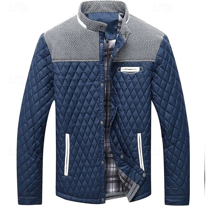 Men's Quilted Jacket with Stand Collar in Khaki Plaid – Casual & Office Navy Blue
