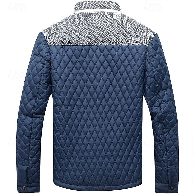 Men's Quilted Jacket with Stand Collar in Khaki Plaid – Casual & Office