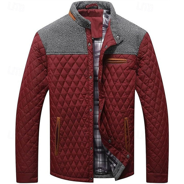 Men's Quilted Jacket with Stand Collar in Khaki Plaid – Casual & Office Wine