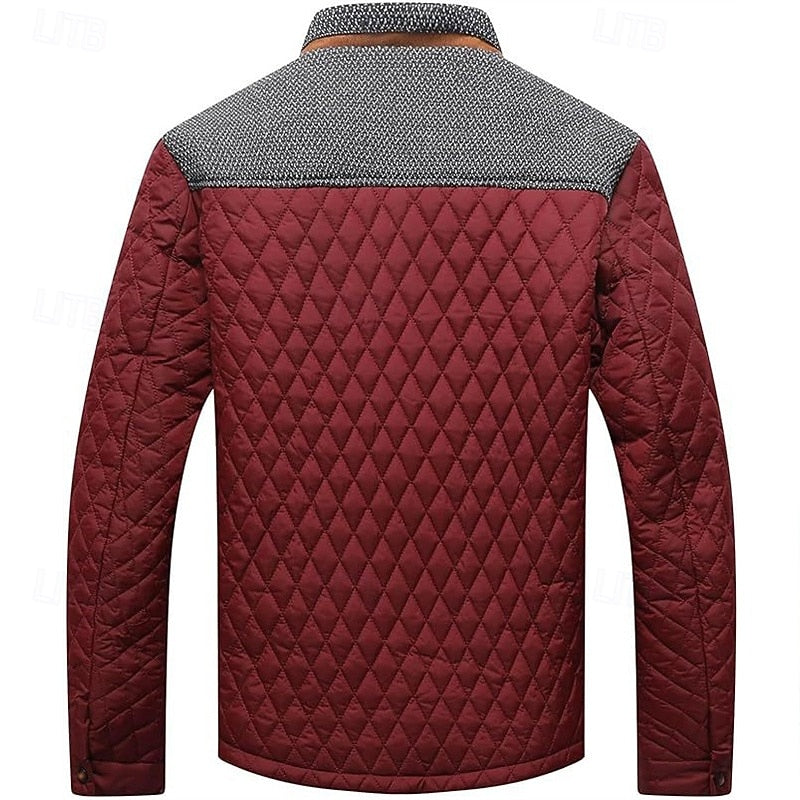 Men's Quilted Jacket with Stand Collar in Khaki Plaid – Casual & Office